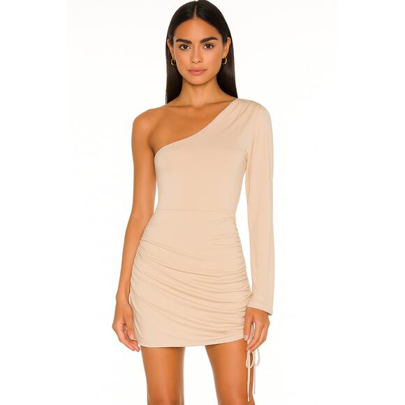 NWT Michael Costello x Revolve Beige Jada One Shoulder Mini Dress Size S - Picture 1 of 10